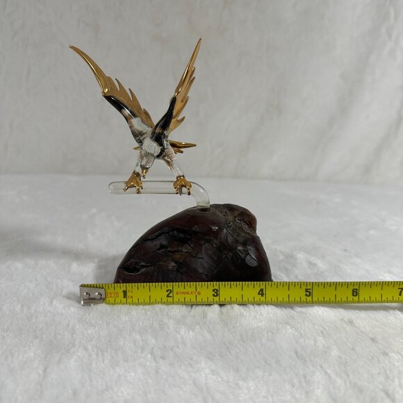 Vintage Glass Baron Bald Eagle Blown Art Statue Burl Wood Base 22 kt Gold tips - Picture 8 of 8